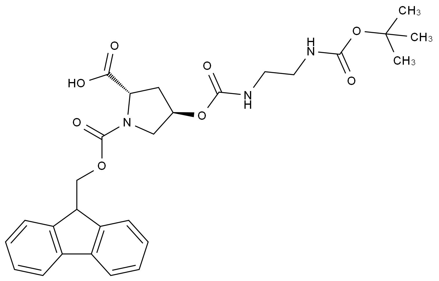 [187223-15-0] （2S，4R）-1-（9H-芴-9-基甲氧羰基）-4-[2-[（2-甲基丙烷-2-基）氧羰基氨基]乙基氨甲酰氧基]吡咯烷-2-羧酸